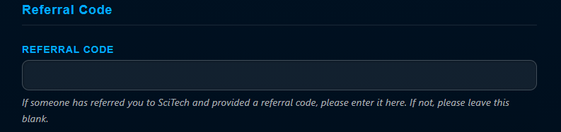 The Referral Code field on the SciTech booking page, where the referral code is entered